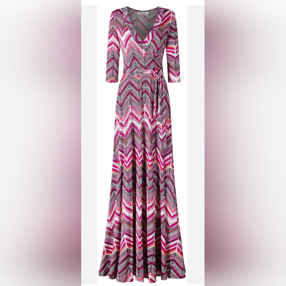 Janette Plus Faux Wrap Stretch Chevron Maxi Dress 1X -3X Spring Wedding Guest - Picture 2 of 5